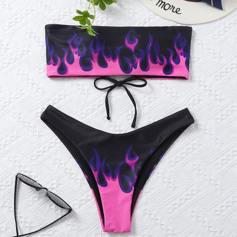 

Fire Print Bandeau Bikini Swimsuit, Multicolor
