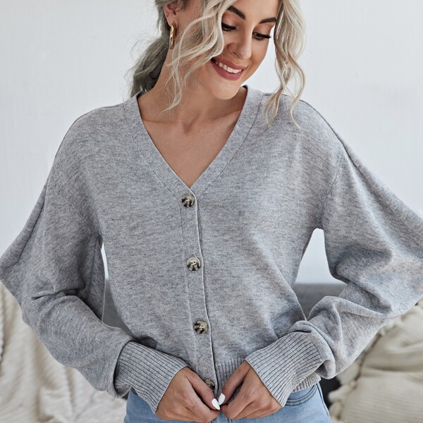 

Button Front Drop Shoulder Cardigan, Grey