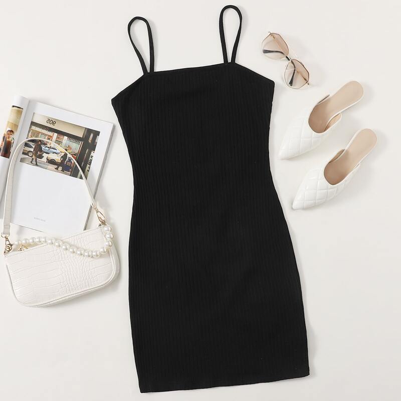 

Solid Ribbed Cami Dress, Black