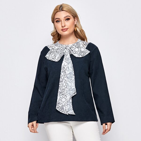 

Plus Flower Print Big Bow Front Blouse, Navy blue