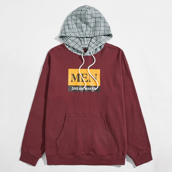 

Men Letter Graphic Glen Plaid Hooded Sweatshirt, Maroon
