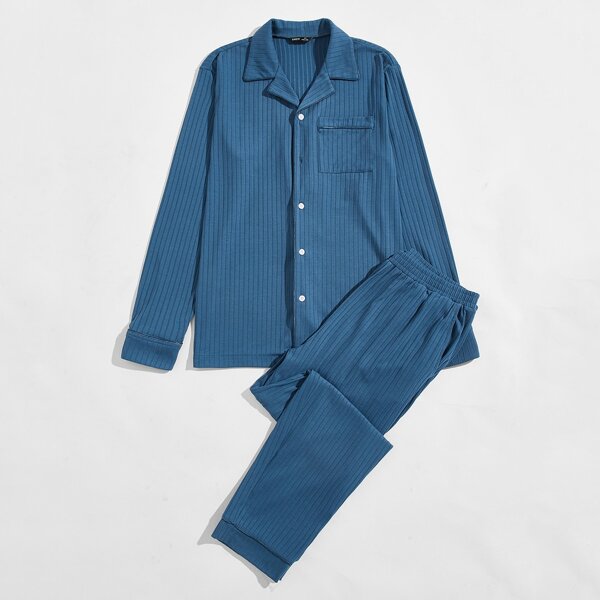 

Men Pocket Front Rib-knit Top & Pants PJ Set, Dusty blue