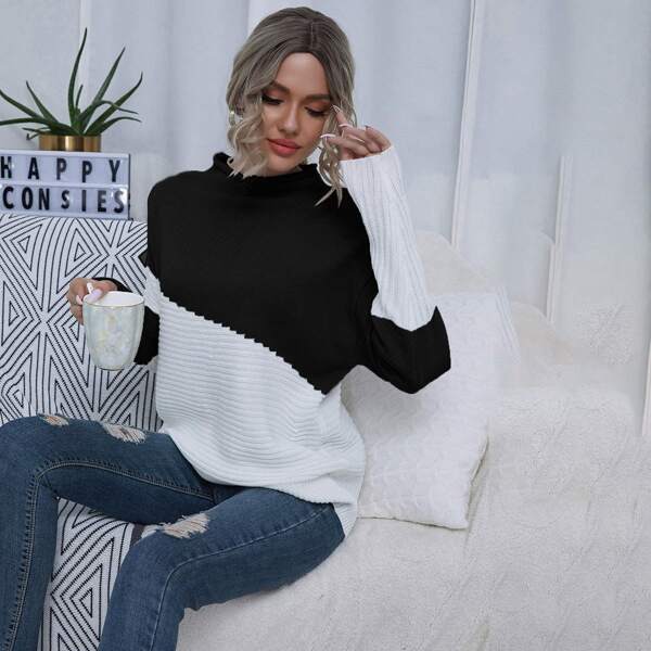 

Two Tone Funnel Neck Drop Shoulder Sweater, Black and white