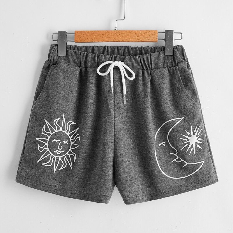 

Sun & Moon Graphic Drawstring Shorts, Dark grey
