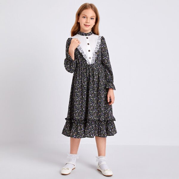 

Girls Frill Trim Ditsy Floral Dress, Multicolor