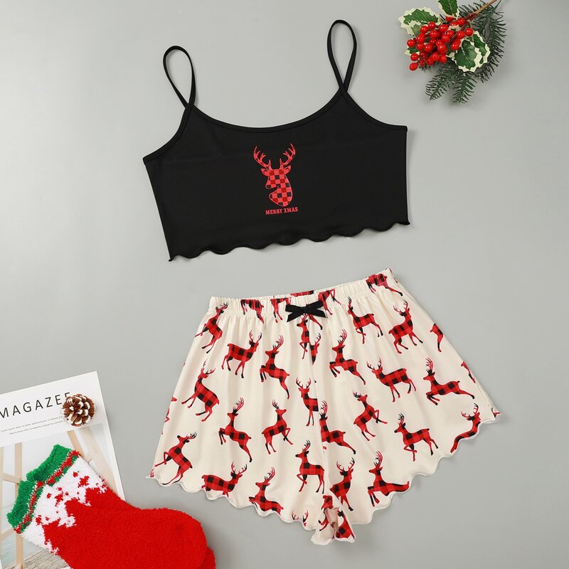 

Christmas Print Lettuce Trim Cami Pajama Set, Multicolor