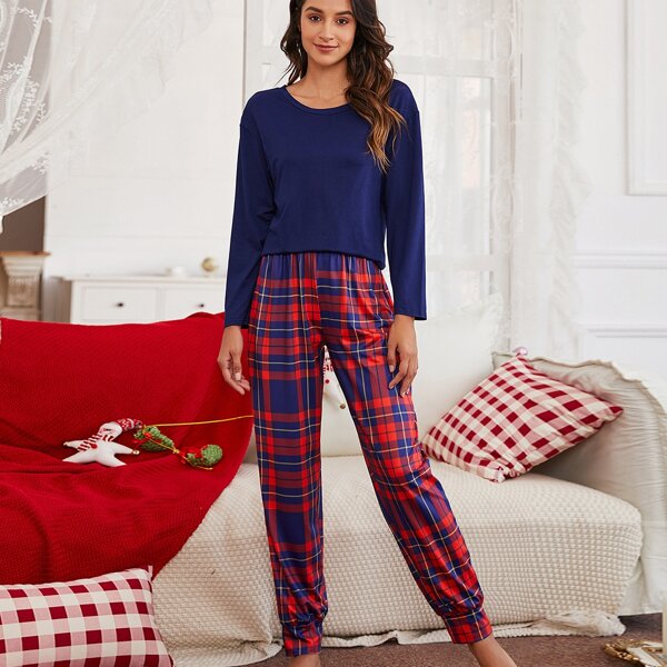 

Solid Tee & Plaid Pants PJ Set, Multicolor