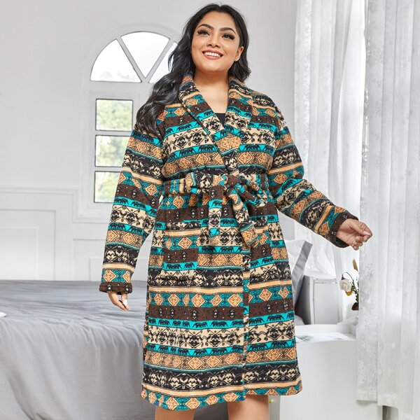 

Plus Geo & Striped Print Belted Robe, Multicolor
