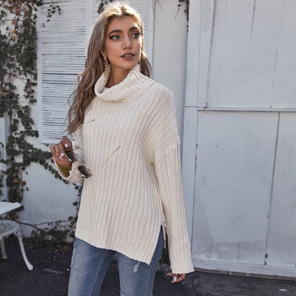 

Turtle Neck Drop Shoulder Split Hem Sweater, Beige