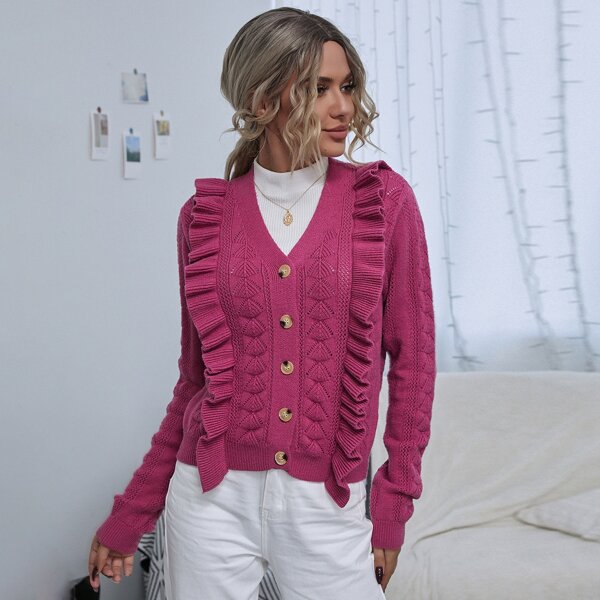 

Pointelle Knit Ruffle Trim Button Up Cardigan, Red violet