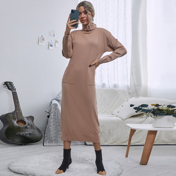 

High Neck Pocket Front Sweater Dress, Apricot