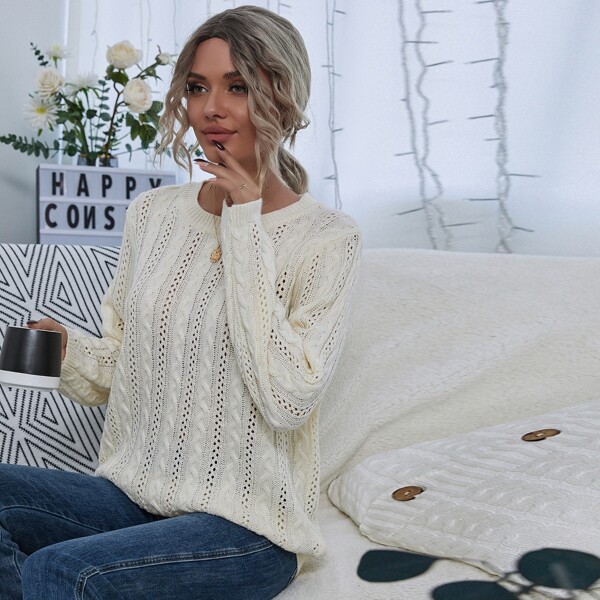 

Pointelle Knit Round Neck Solid Sweater, Beige