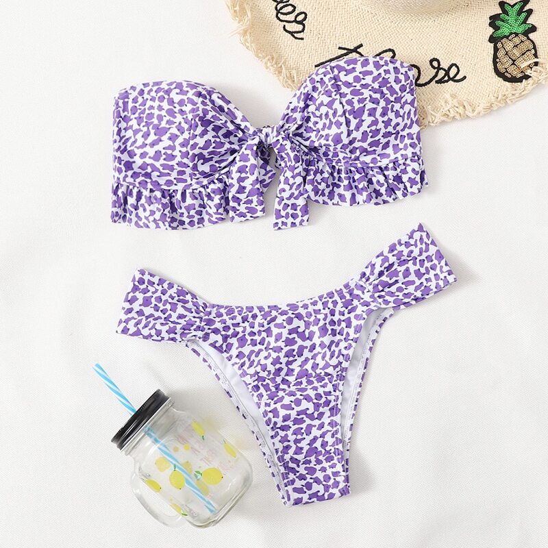 

Allover Print Ruffle Bikini Swimsuit, Violet purple