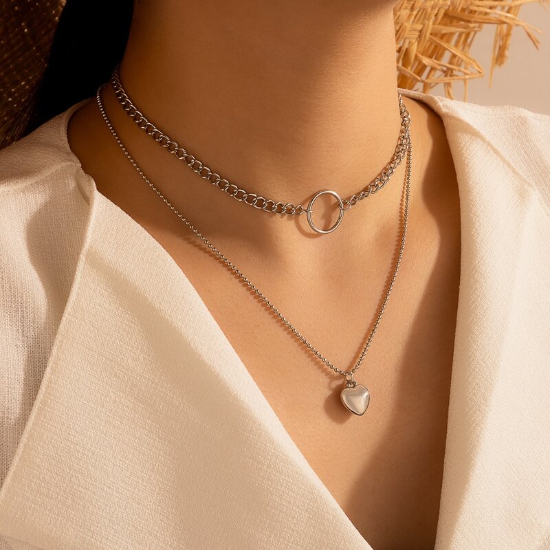 

Heart Charm Layered Chain Necklace, Silver