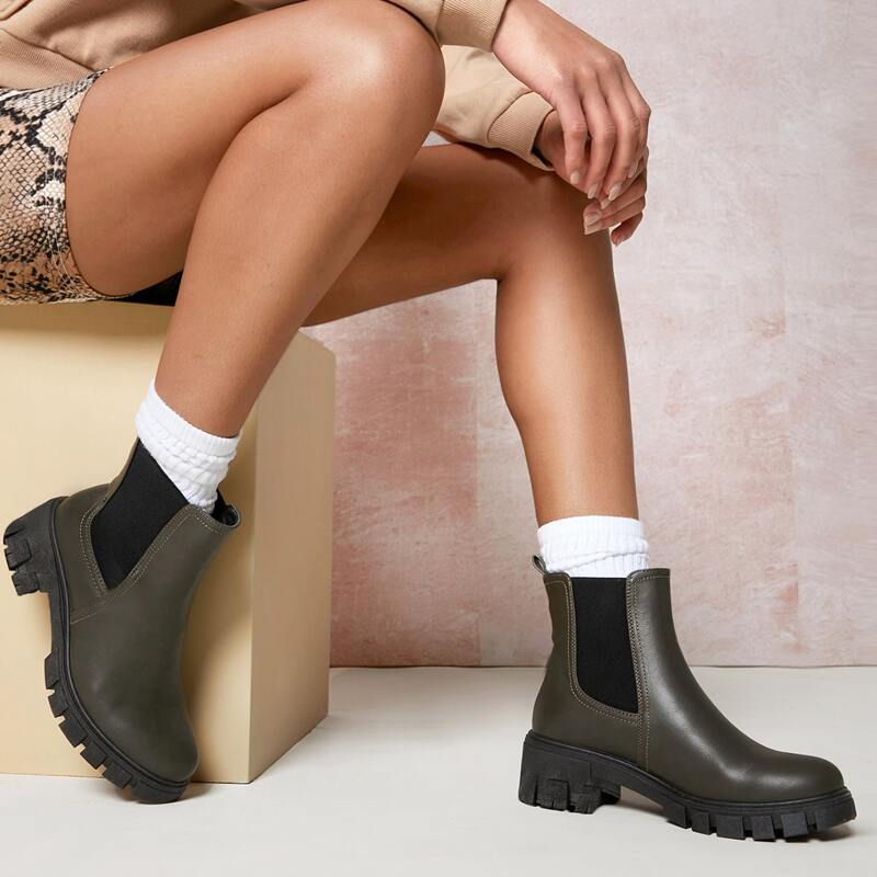 

Faux Leather Lug Platform Sole Chelsea Boots, Olive green