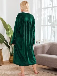SHEIN 大碼緹花蕾絲邊天鵝絨睡裙 - 墨綠色 - 查看 2