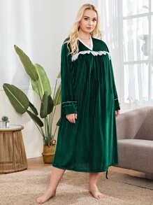 SHEIN 大碼緹花蕾絲邊天鵝絨睡裙 - 墨綠色 - 查看 5