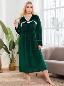 SHEIN 大碼緹花蕾絲邊天鵝絨睡裙 - 墨綠色 - 查看 1