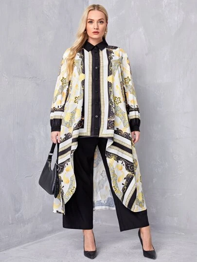 Shein Plus Baroque Print Button Front Asymmetrical Hem Blouse Asia 