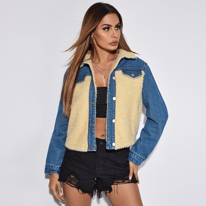 

Contrast Shearling Button Front Denim Jacket, Multicolor