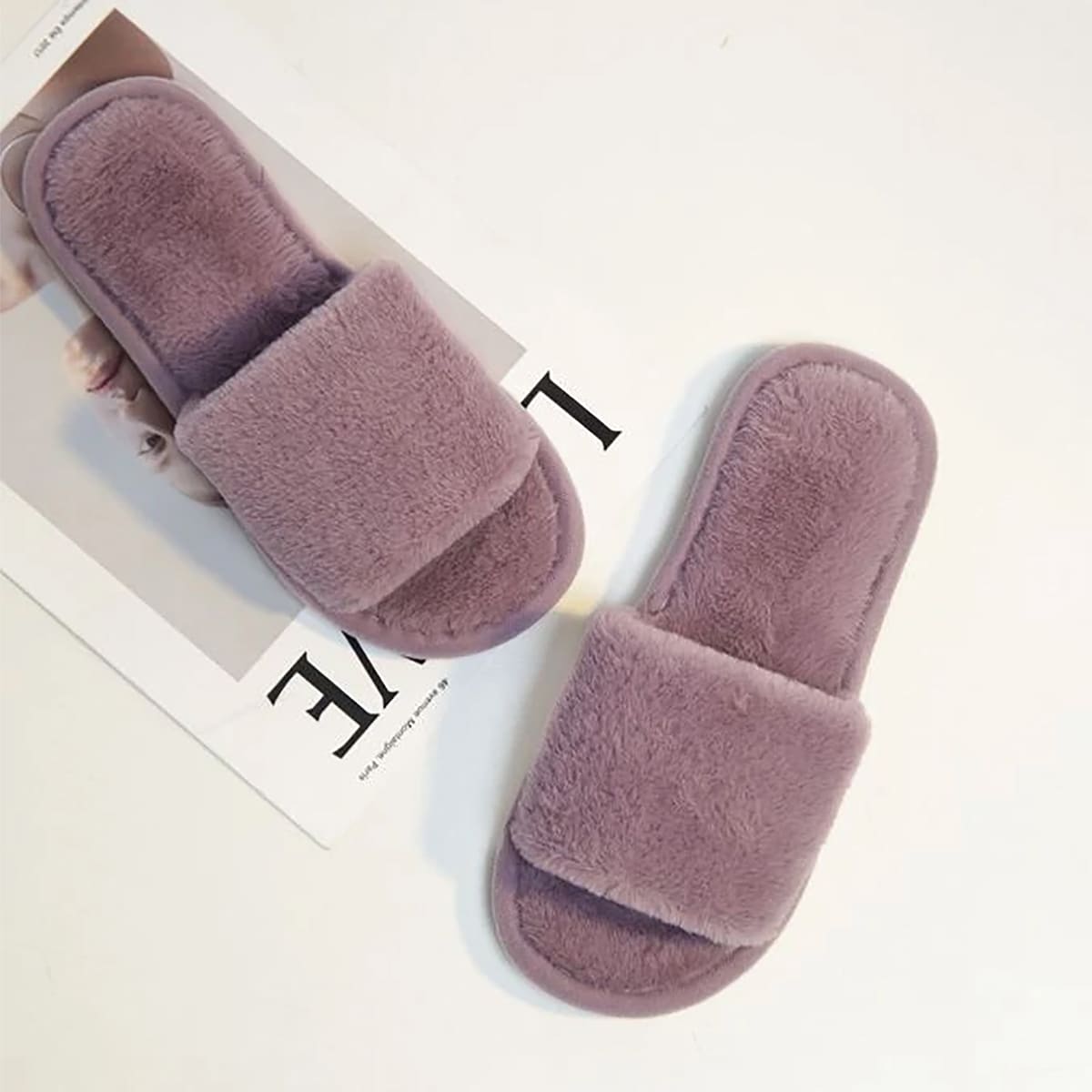 

Faux Fur Fluffy Sliders, Mauve purple