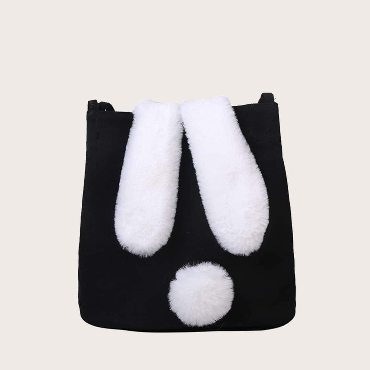 

Contrast Faux Fur Rabbit Canvas Tote Bag, Black