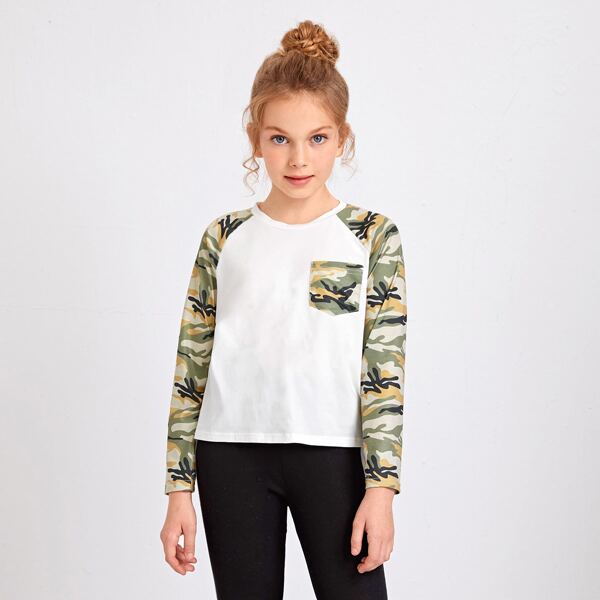 

Girls Camo Pocket & Raglan Sleeve Tee, White