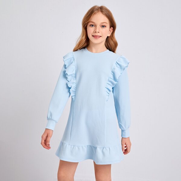 

Girls Ruffle Trim Solid Dress, Pastel baby blue