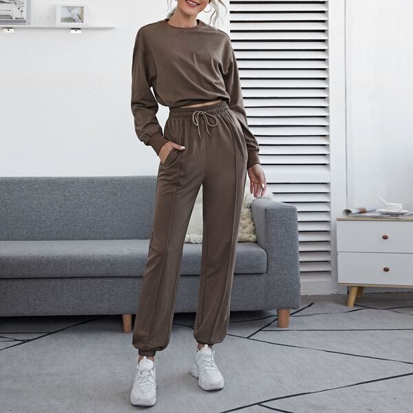 

Drop Shoulder Crop Pullover & Solid Sweatpants Set, Chocolate brown