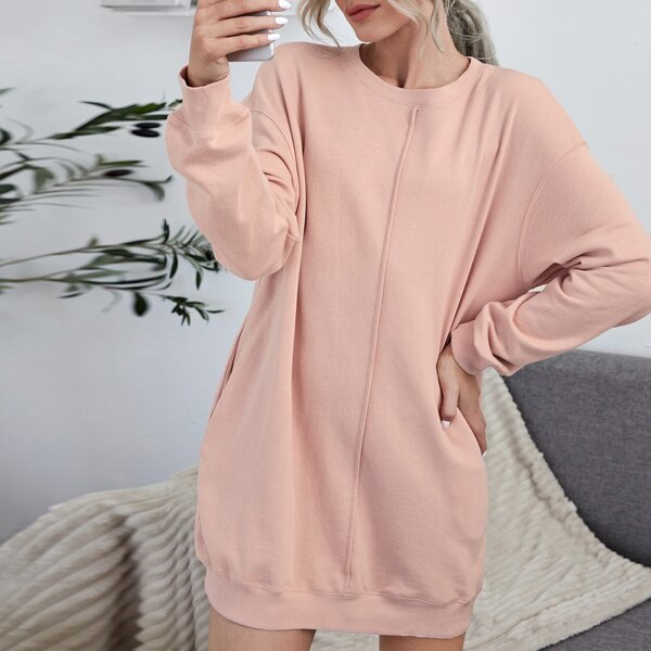 

Drop Shoulder Seam Front Sweatshirt Dress, Pastel baby pink