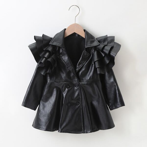 

Toddler Girls Exaggerated Ruffle Double Button PU Coat, Black