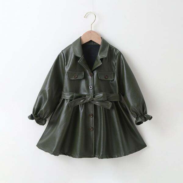 

Toddler Girls Button Front Belted PU Coat, Army green