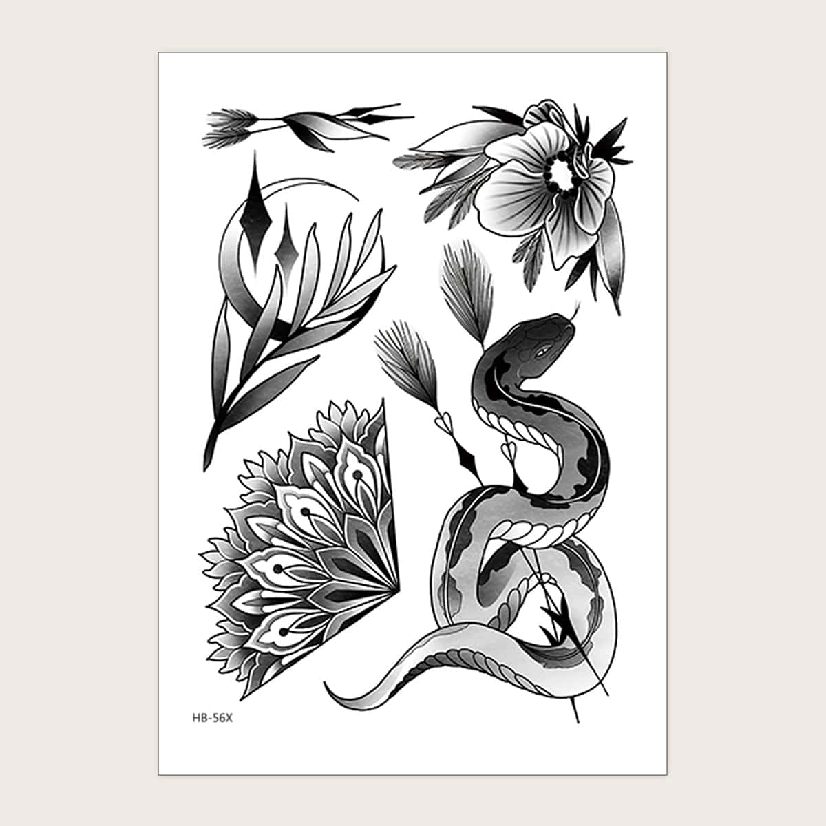 

1sheet Flower & Snake Pattern Tattoo Sticker, Black and white