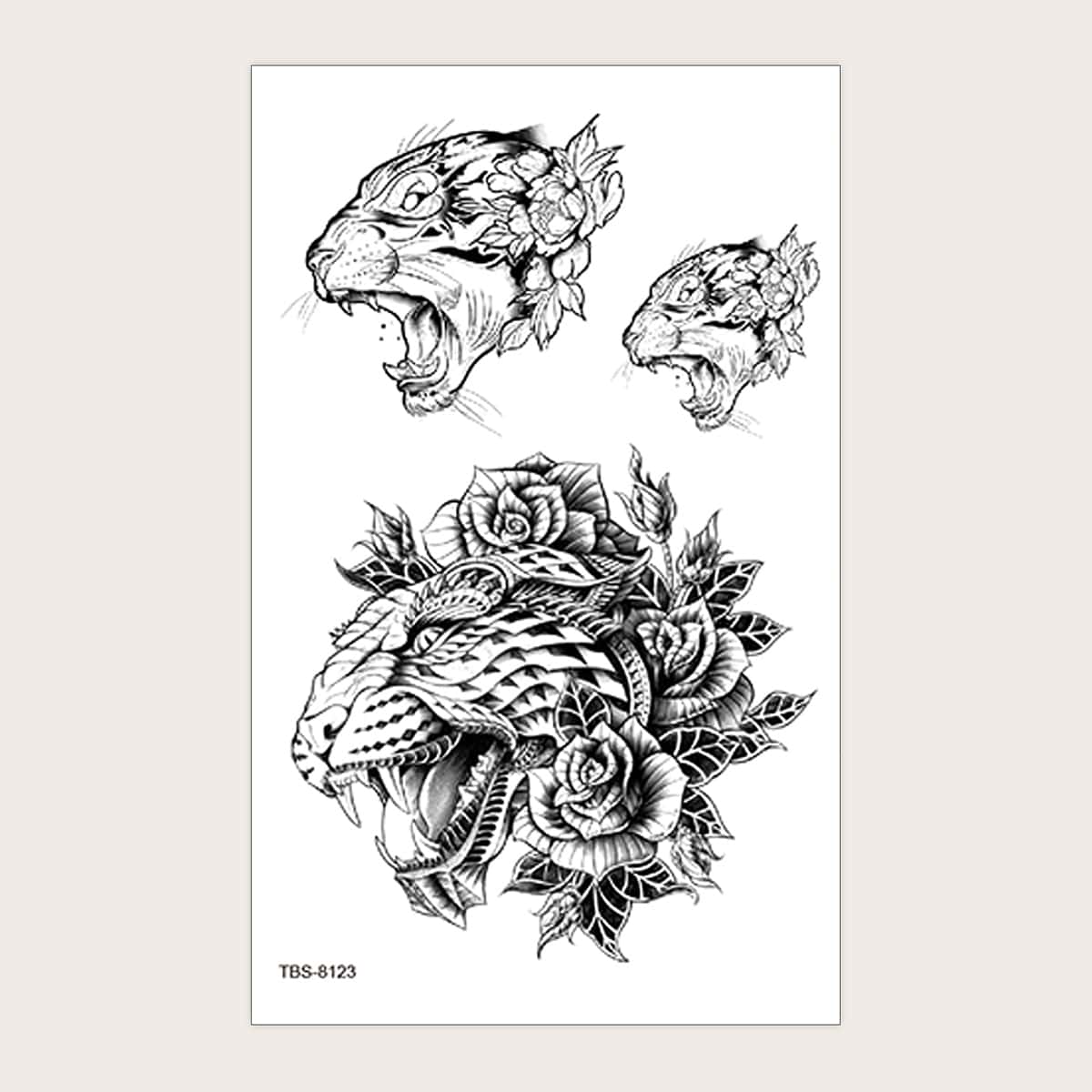 

1sheet Flower Leopard Head Tattoo Sticker, Black and white