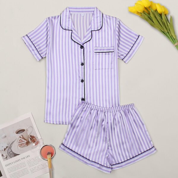 

Striped Piping Trim Satin PJ Set, Lilac purple