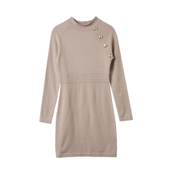 

Mock Neck Button Detail Sweater Dress Without Belt, Apricot