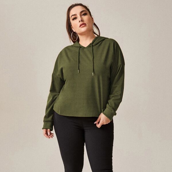 

Plus Drop Shoulder Drawstring Hooded Sweatshirt, Army green