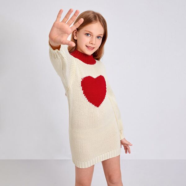 

Girls Mock Neck Heart Pattern Sweater Dress, Beige