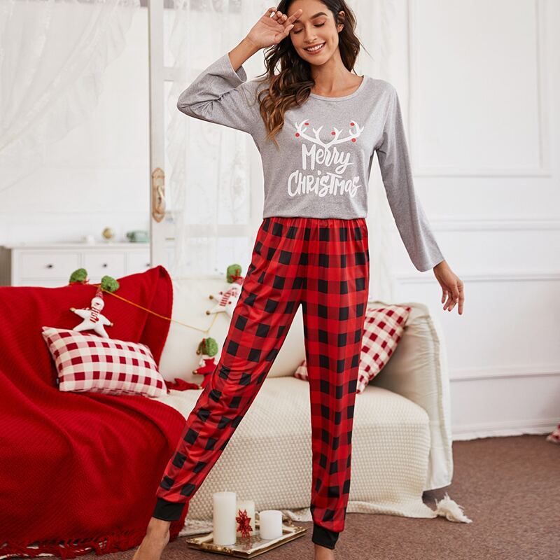 

Christmas And Gingham Print PJ Set, Multicolor