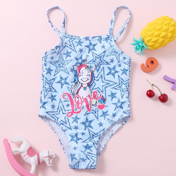 

Toddler Girls Unicorn & Star Print One Piece Swimsuit, Pastel baby blue