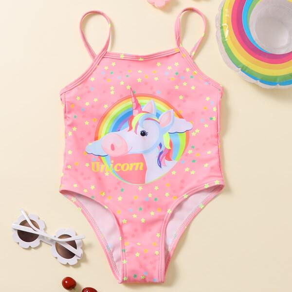 

Toddler Girls Unicorn Print One Piece Swimsuit, Pastel baby pink