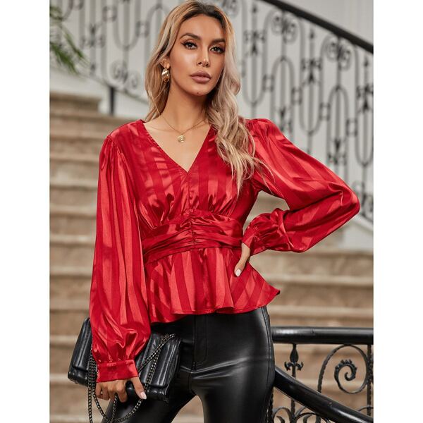 

Satin Ruffle Hem Babydoll Blouse, Red