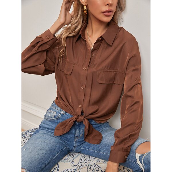 

Drop Shoulder Knot Hem Solid Blouse, Coffee brown