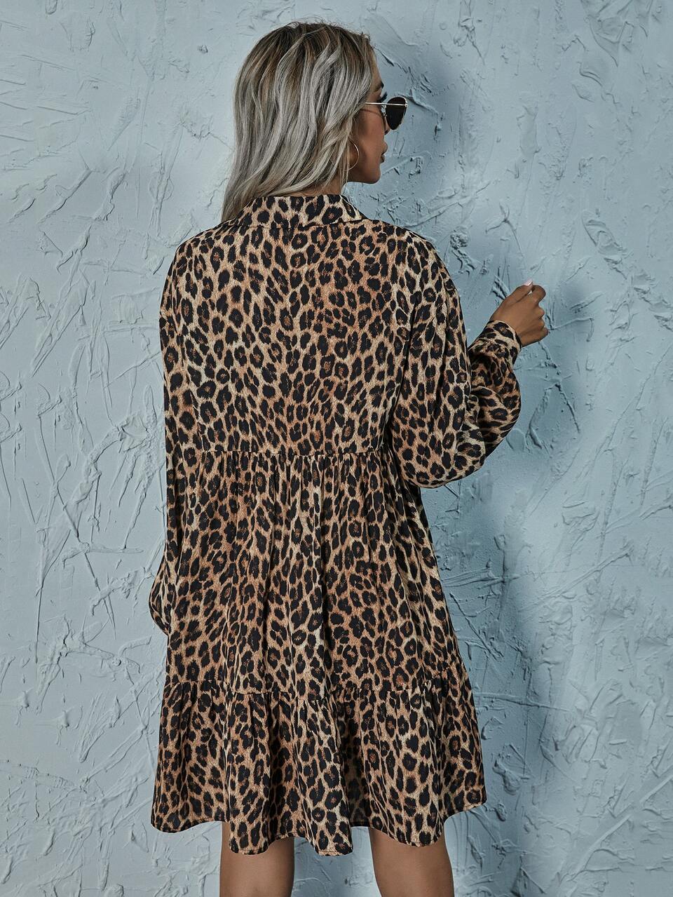 Leopard Print Ruffle Hem Smock Dress Fall Cloth For Women