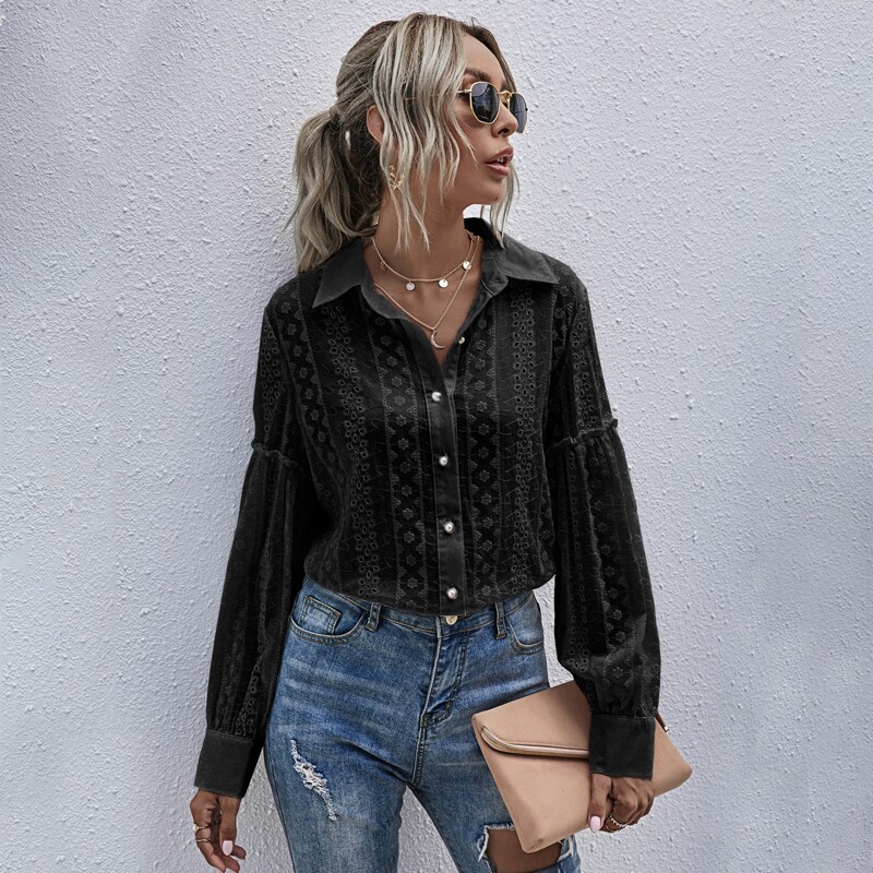 

Eyelet Embroidery Bishop Sleeve Blouse, Black