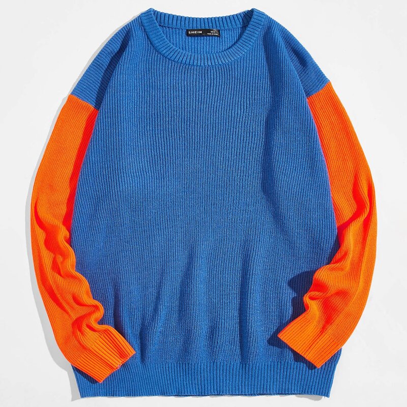 

Men Colorblock Sleeve Rib-knit Sweater, Blue