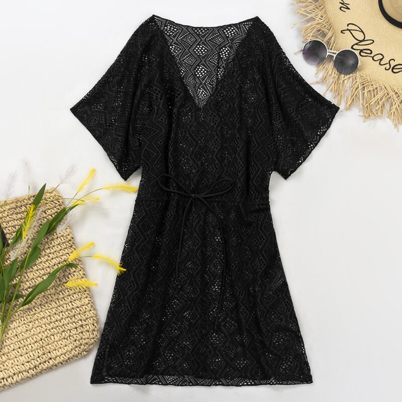 

Hollow Out Drawstring Knitted Cover Up, Black