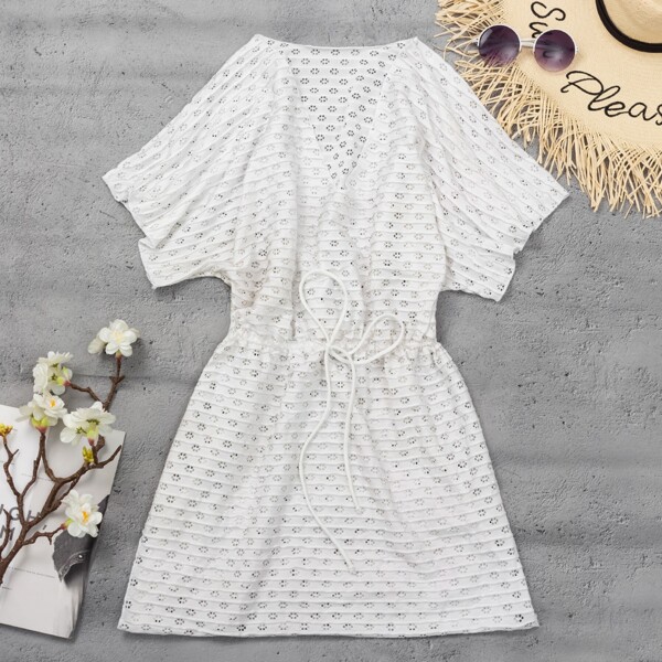 

Hollow Out Drawstring Waist Cover Up, White