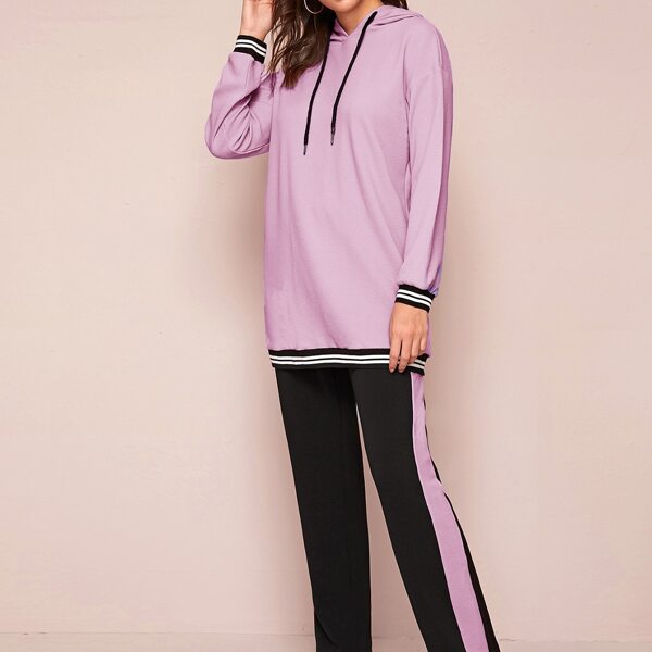 

Drop Shoulder Drawstring Hoodie & Sweatpants Set, Multicolor