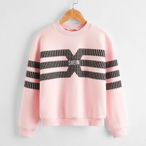 

Girls Drop Shoulder Letter & Graphic Print Pullover, Pastel baby pink